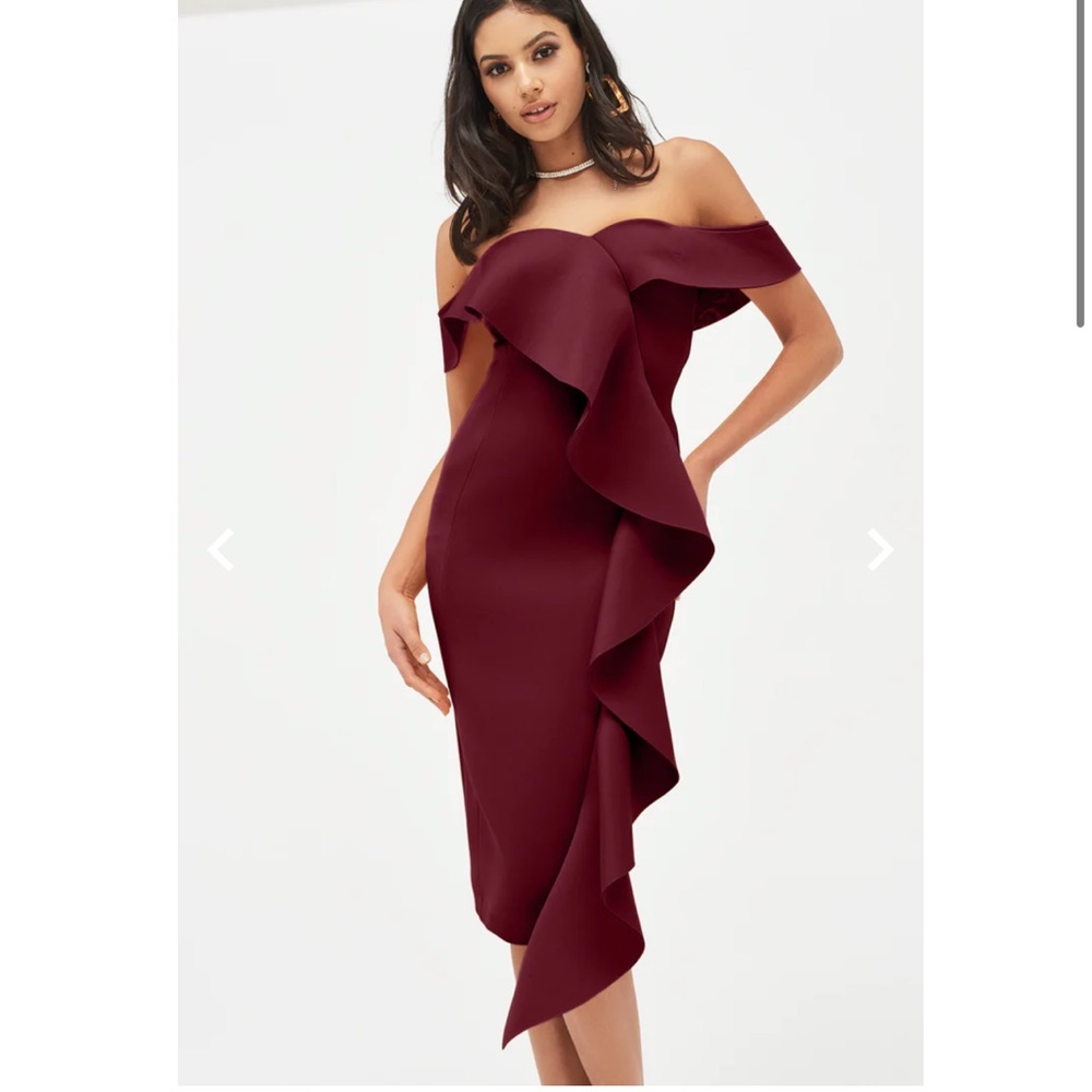 Gorgeous Lavish Alice bardot frilled scuba midi dress in burgundy